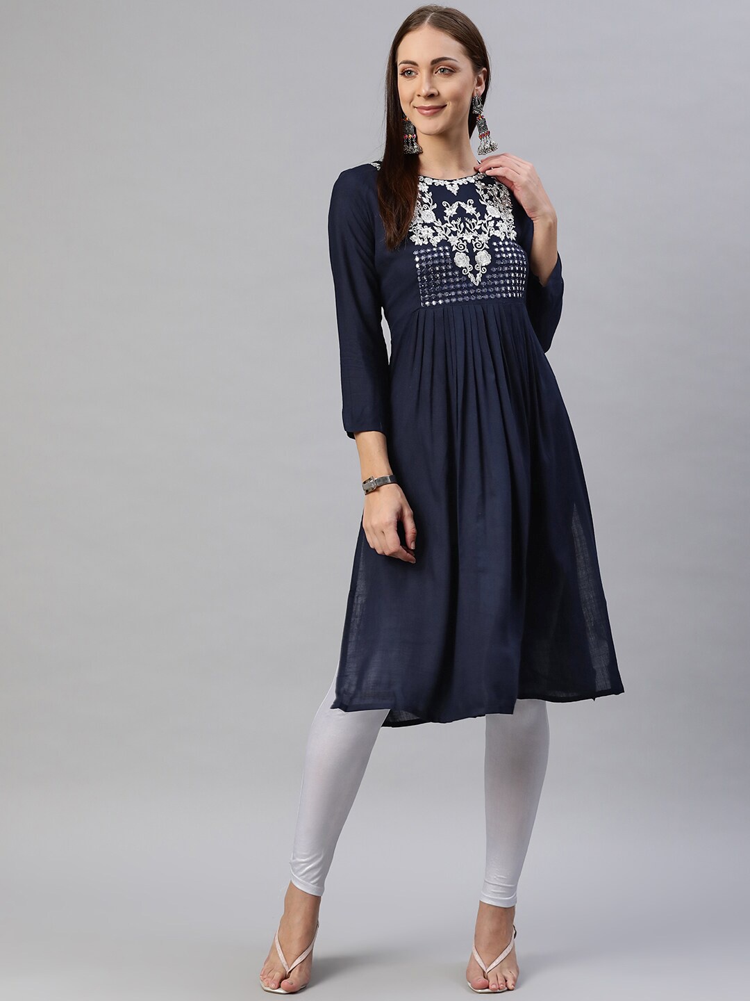 

BAESD Yoke Design Thread Work Cotton A-Line Kurta, Navy blue