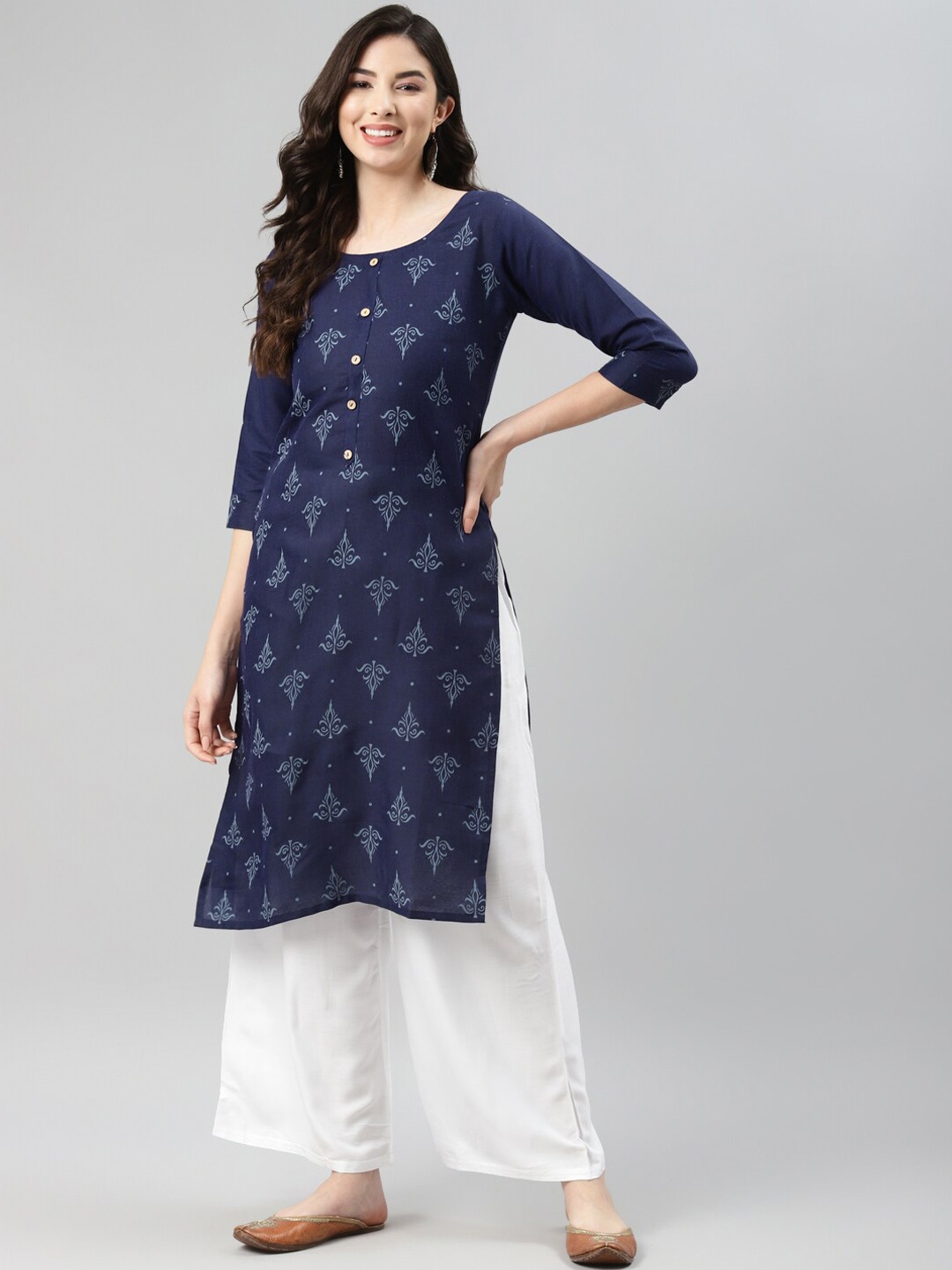 

BAESD Ethnic Motifs Printed Cotton Straight Kurta, Navy blue
