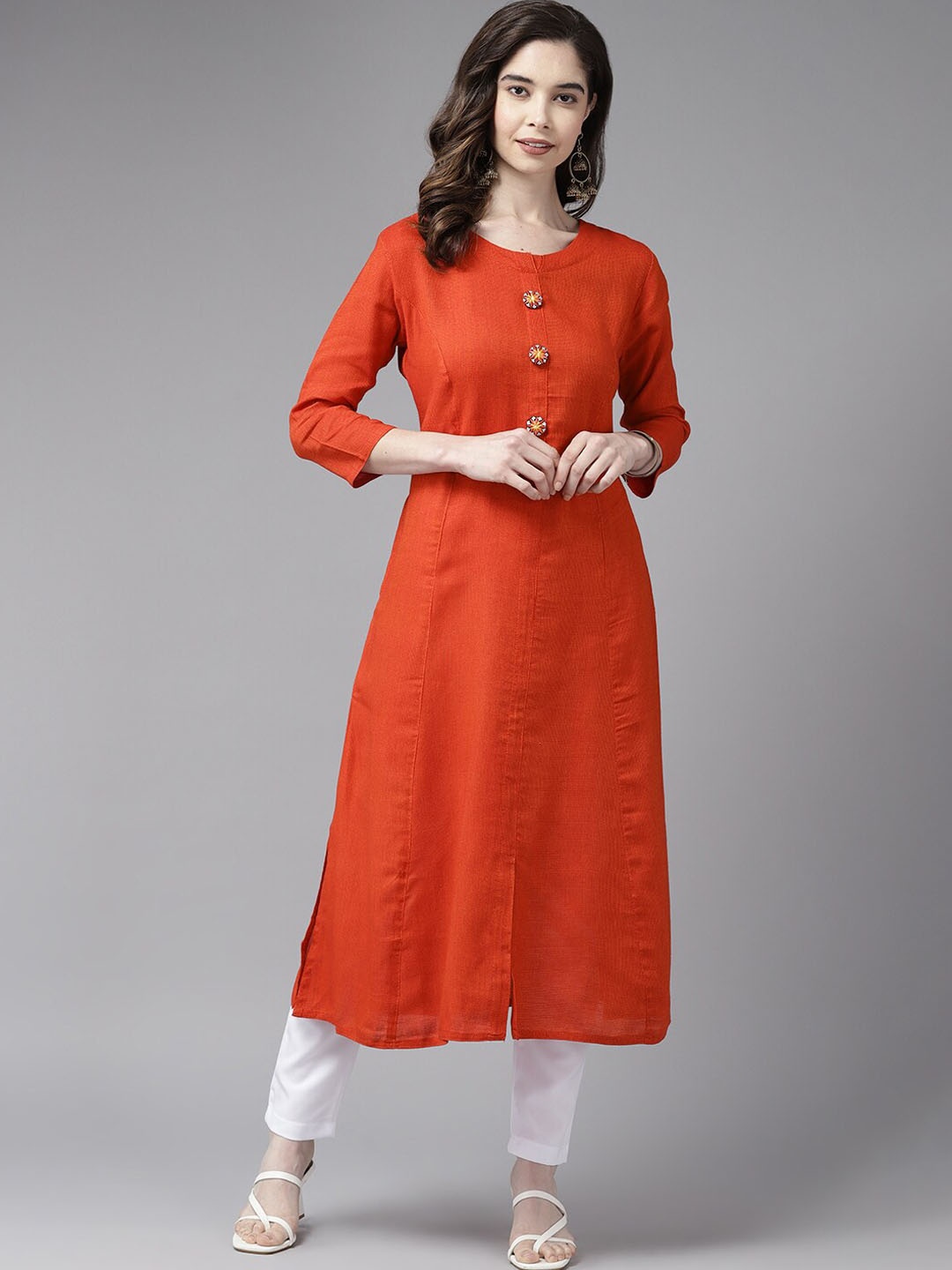 

BAESD Round Neck Pure Cotton A-Line Kurta, Orange