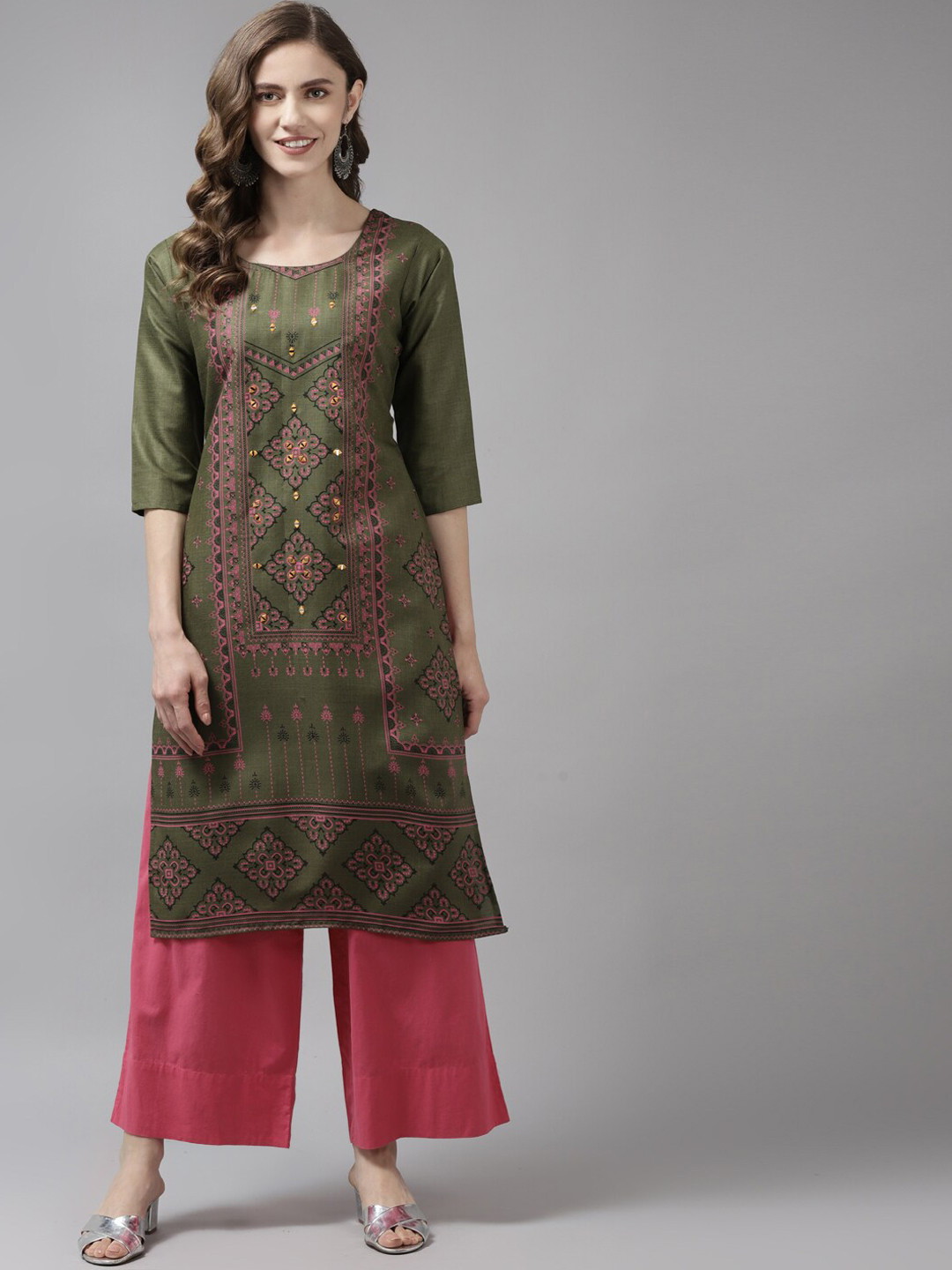 

BAESD Ethnic Motifs Printed Mirror Work Straight Cotton Kurta, Olive