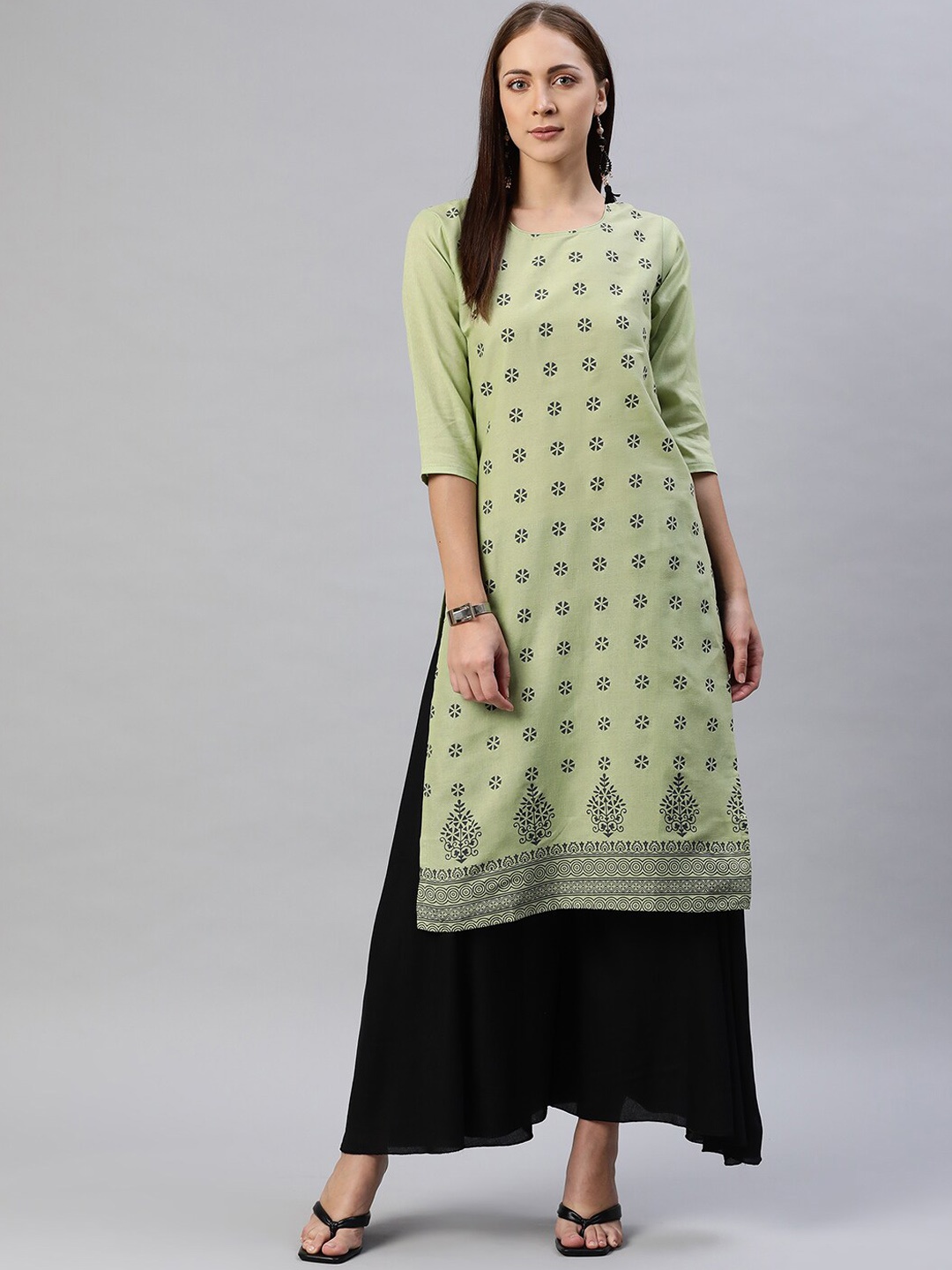 

BAESD Ethnic Motifs Printed Straight Cotton Kurta, Green