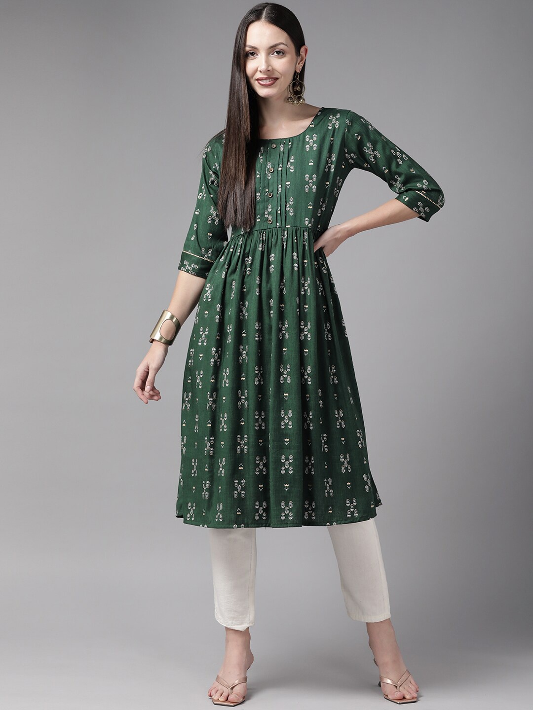 

BAESD Ethnic Motifs Printed Cotton A-Line Kurta, Green