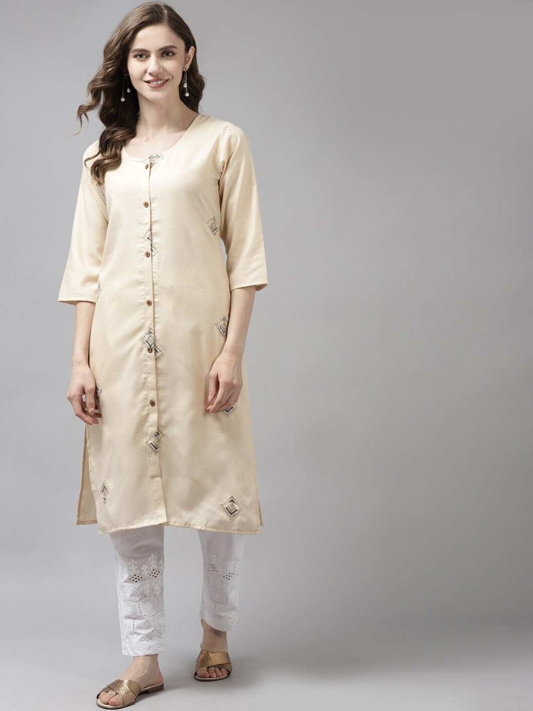 

BAESD Floral Embroidered Pure Cotton Kurta, Beige