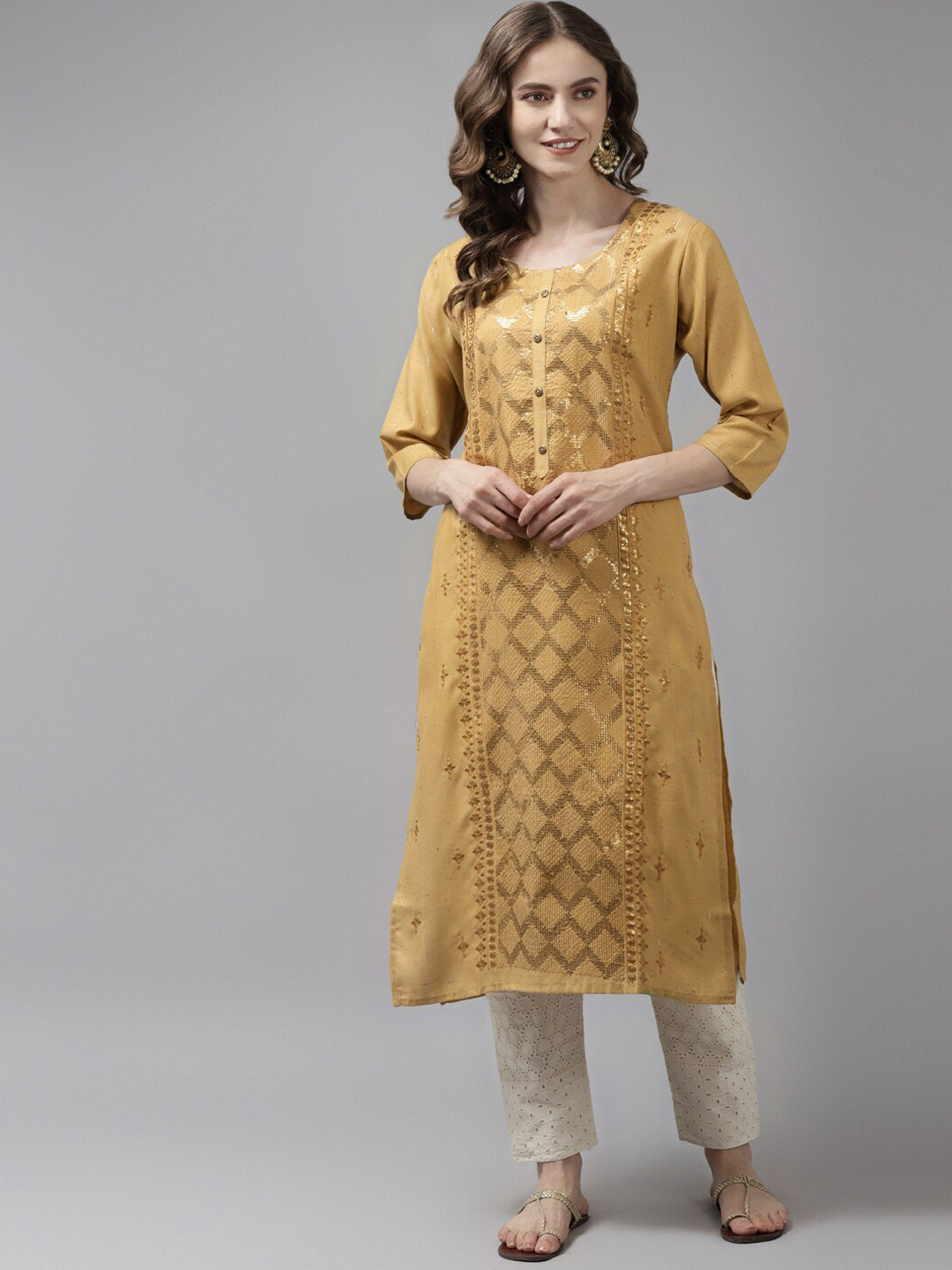 

BAESD Ethnic Motifs Embroidered Sequined Panelled Cotton Kurta, Mustard