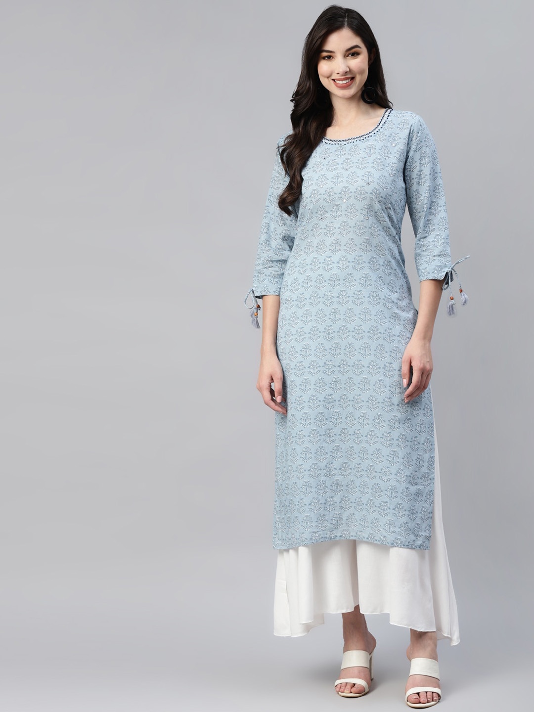 

BAESD Floral Printed Mirror Work Cotton Kurta, Turquoise blue