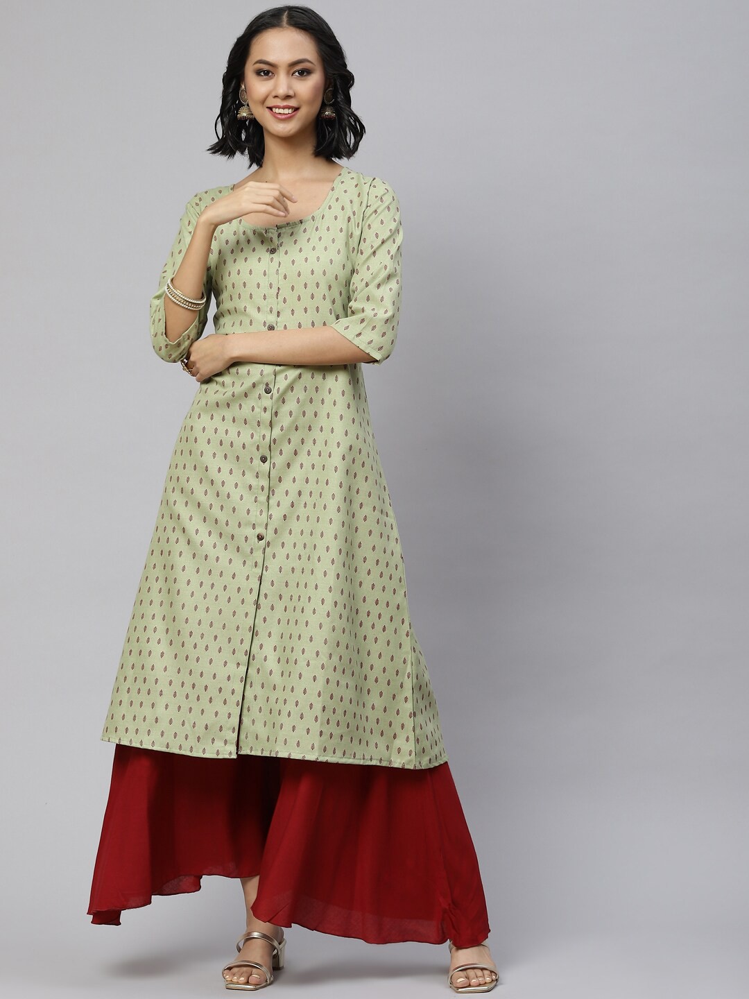 

BAESD Floral Printed Cotton A-Line Kurta, Green