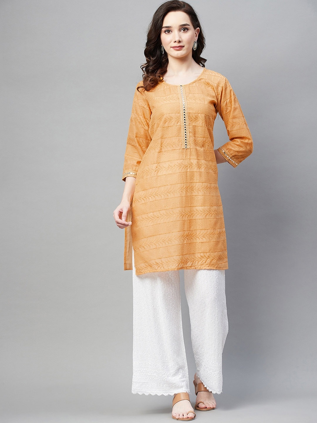 

BAESD Ethnic Motifs Embroidered Mirror Work Cotton Kurta, Mustard