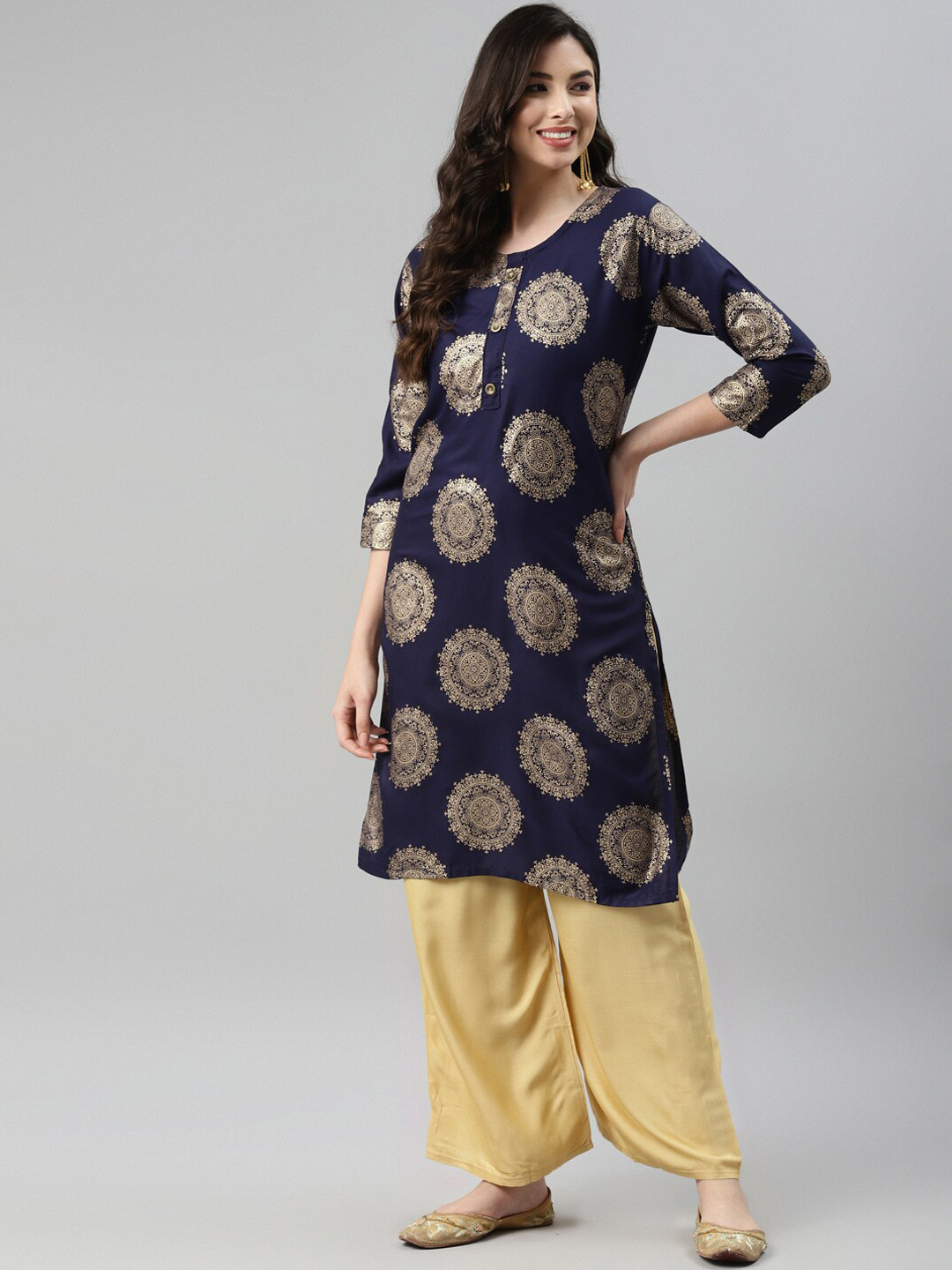 

BAESD Ethnic Motifs Printed Round Neck Straight Cotton Kurta, Navy blue
