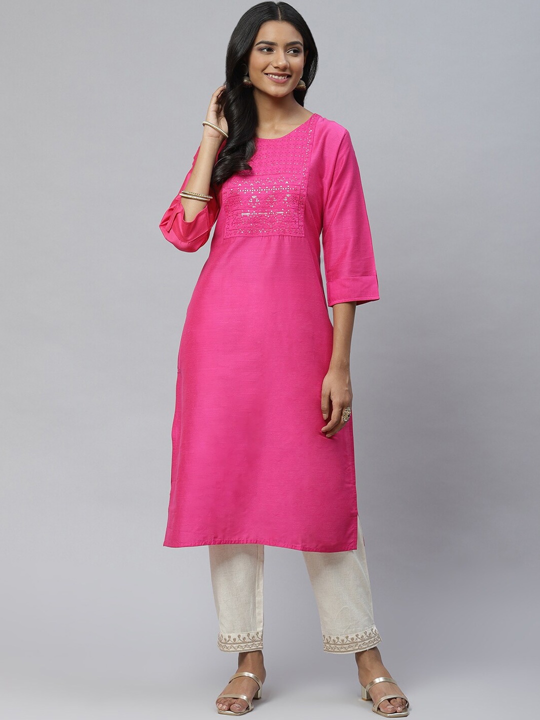 

BAESD Ethnic Motifs Yoke Design Sequined Thread Work Cotton Kurta, Pink