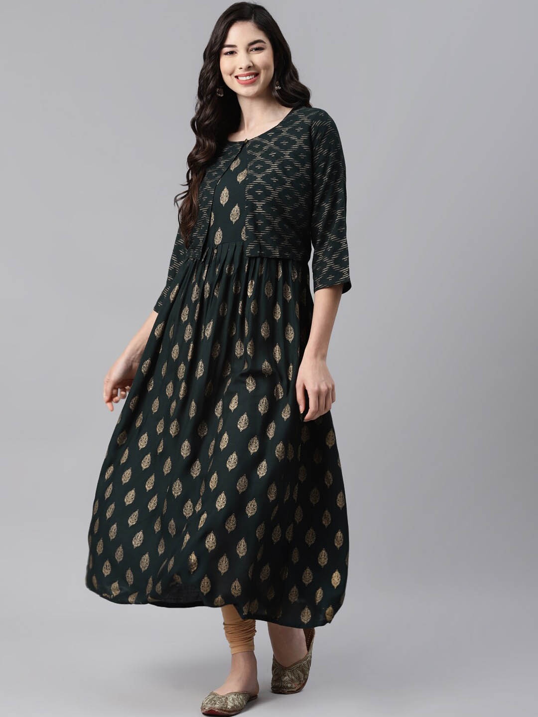 

BAESD Ethnic Motifs Printed Anarkali Kurta with Jacket, Green