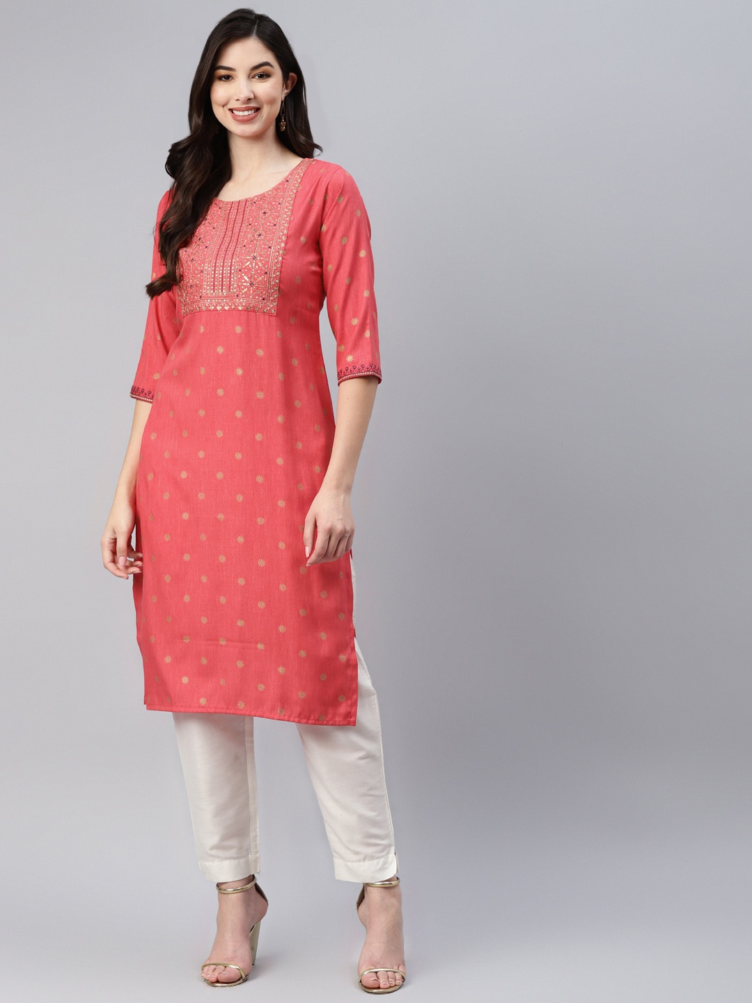 

BAESD Floral Embroidered Sequin Cotton Kurta, Red