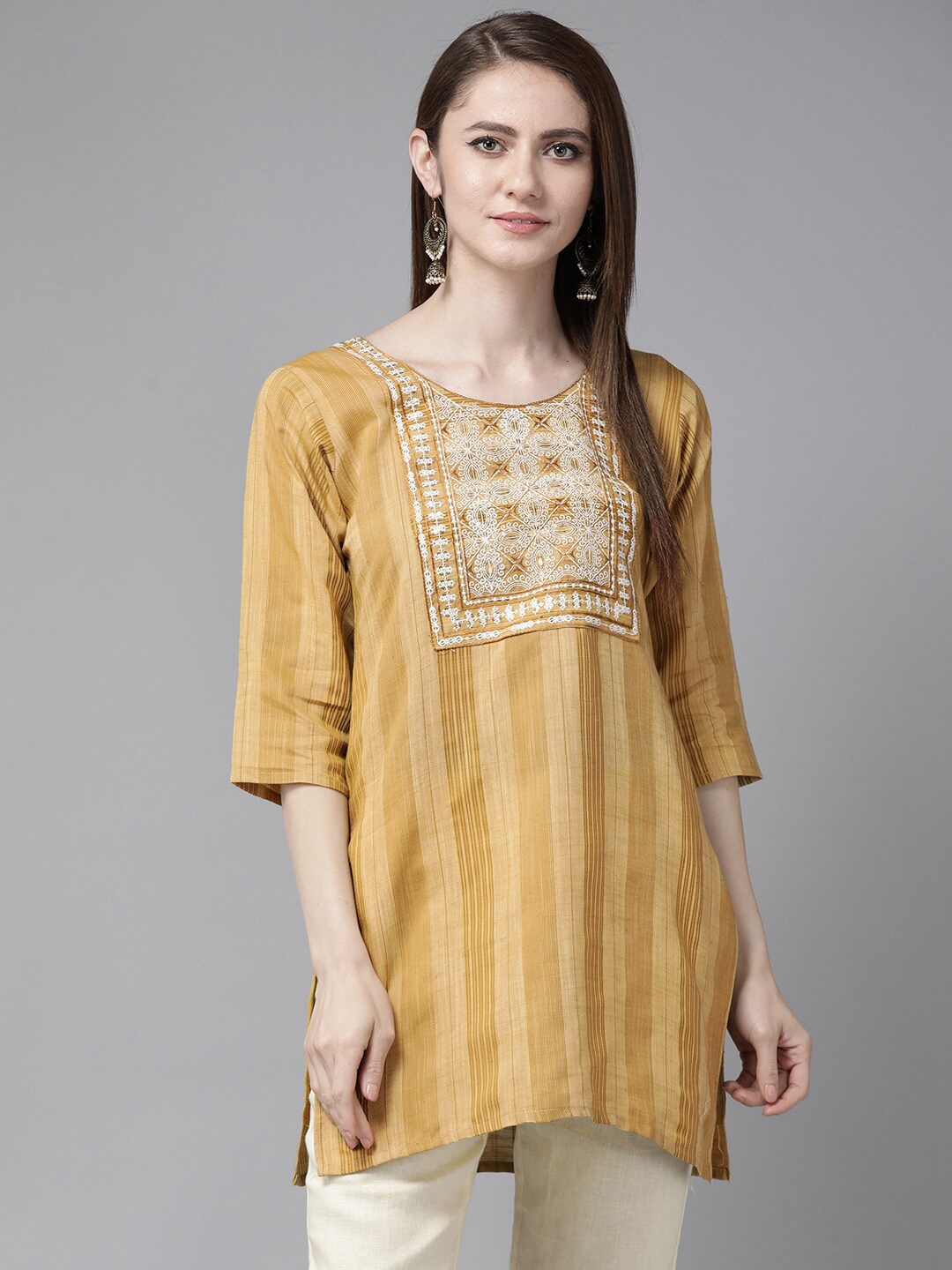 

BAESD Striped Thread Work Straight Cotton Kurti, Mustard