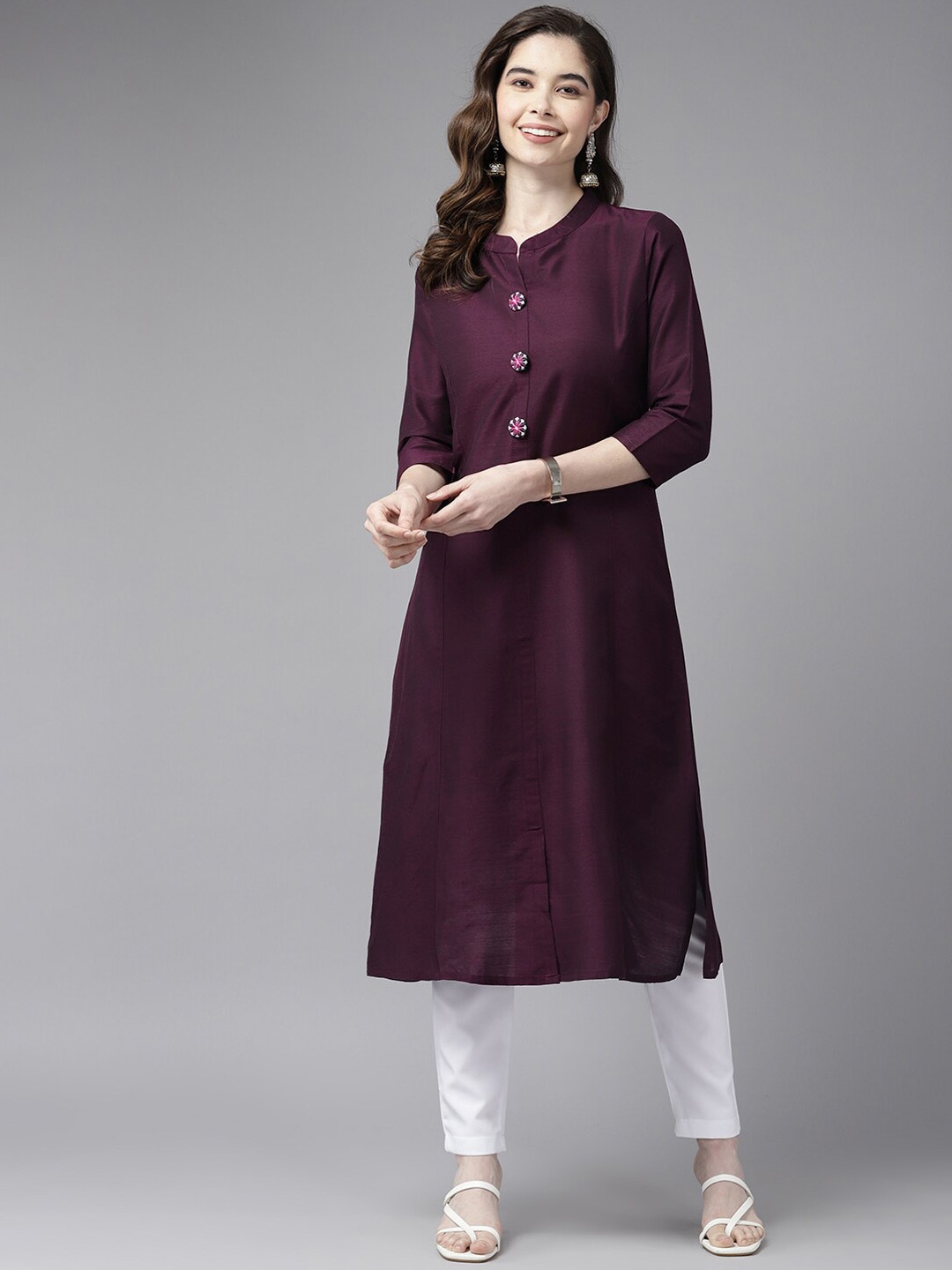 

BAESD Mandarin Collar Paneled A-Line Cotton Kurta, Burgundy