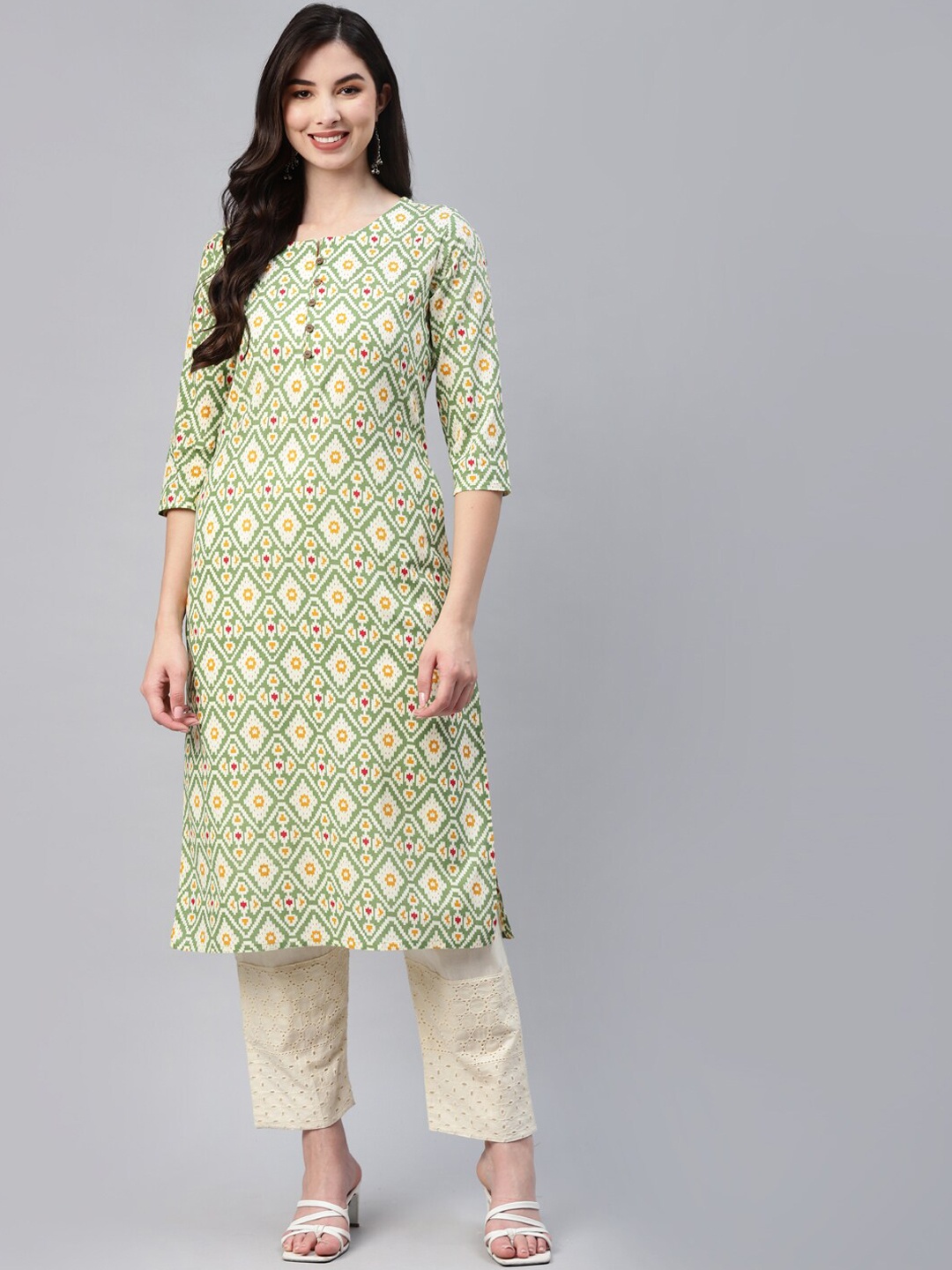 

BAESD Ethnic Motifs Printed Straight Cotton Kurta, Green