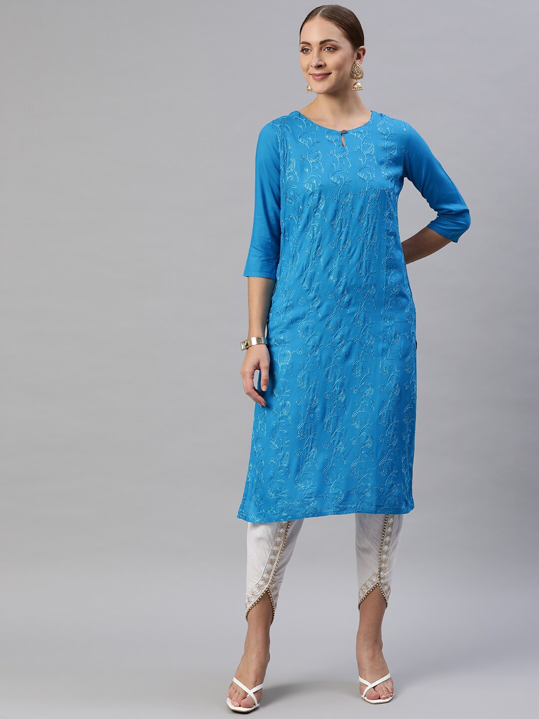 

BAESD Round Neck Floral Embroidered Straight Cotton Kurta, Blue