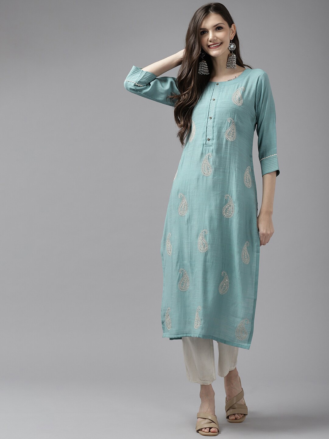 

BAESD Paisley Embroidered Sequined Straight Cotton Kurta, Blue