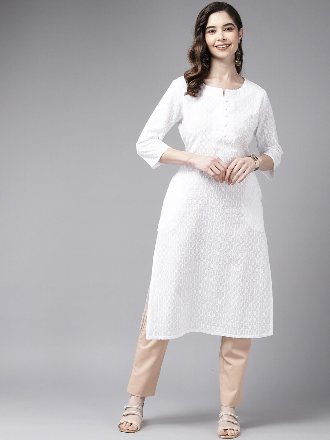 

BAESD Ethnic Motifs Embroidered Straight Cotton Kurta, White
