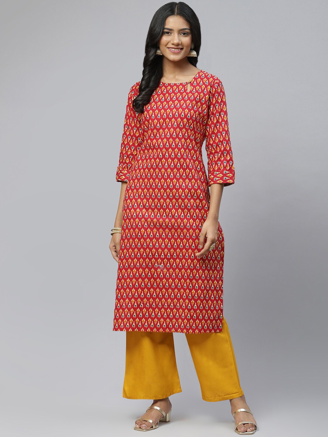 

BAESD Ethnic Motifs Printed Keyhole Neck Cotton Kurta, Red