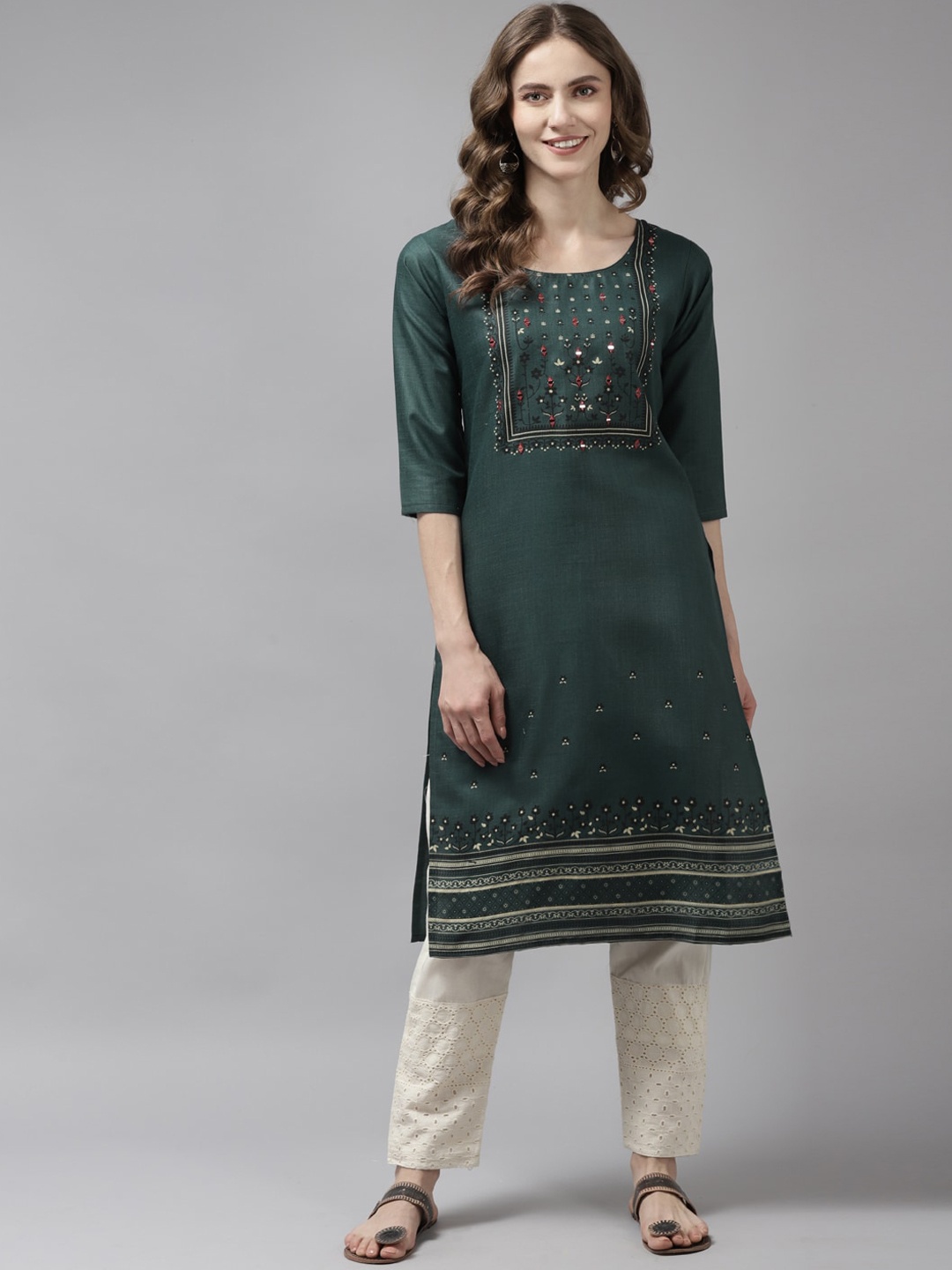 

BAESD Ethnic Motifs Printed Mirror Work Cotton Kurta, Green