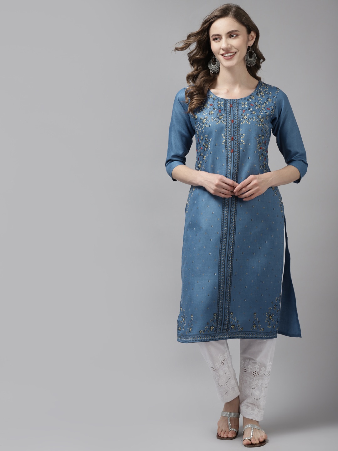 

BAESD Ethnic Motifs Printed Mirror Work Cotton Kurta, Navy blue