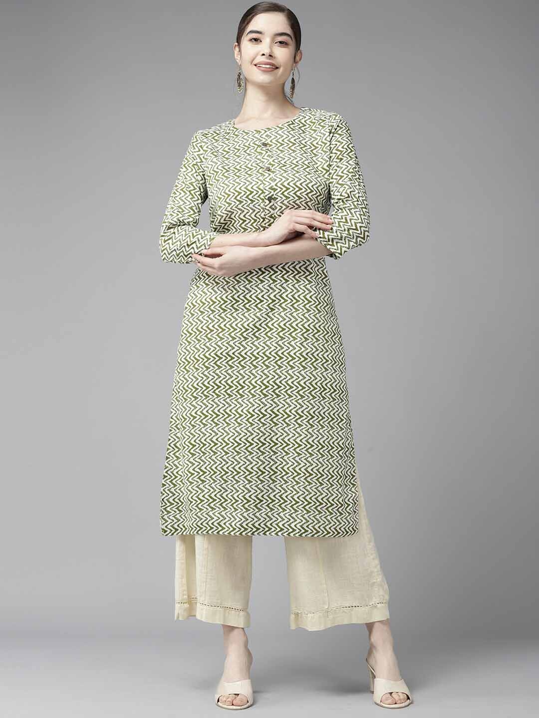 

BAESD Round Neck Chevron Printed Straight Cotton Kurta, Off white