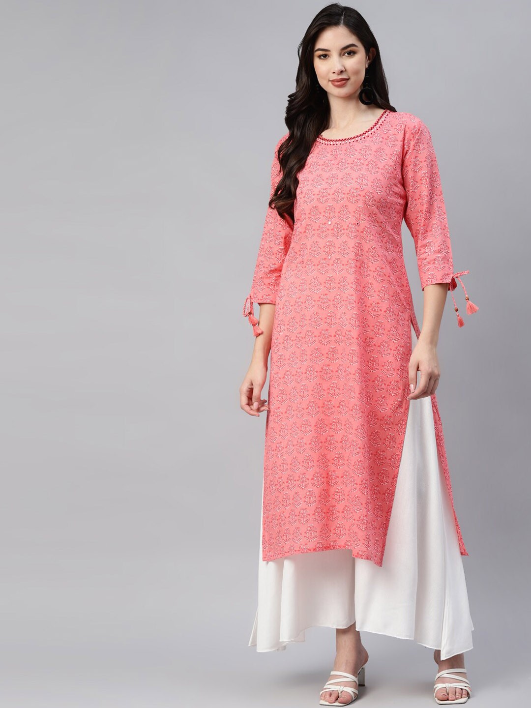 

BAESD Floral Printed Mirror Work Straight Cotton Kurta, Pink