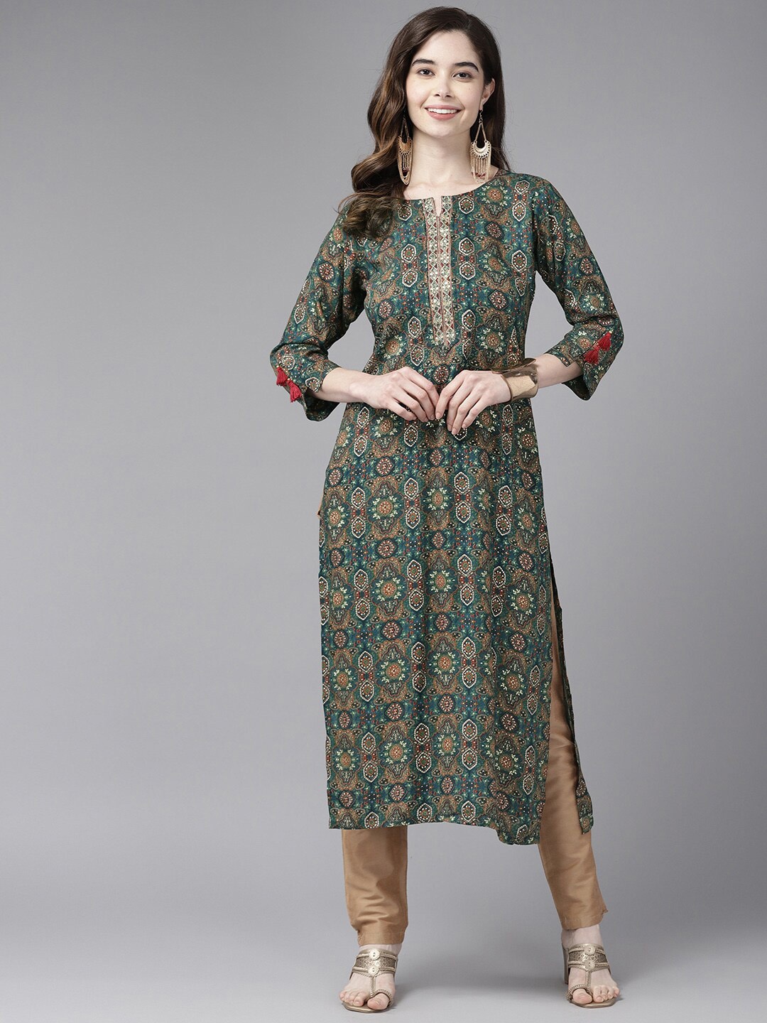 

BAESD Ethnic Motifs Printed Thread Work Pure Cotton Kurta, Green