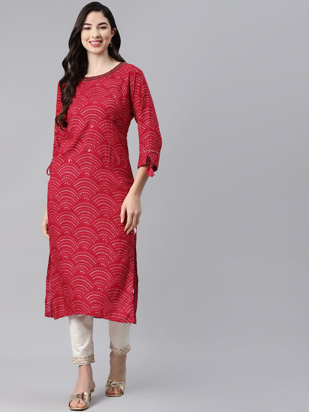 

BAESD Bandhani Printed Mirror Work Straight Cotton Kurta, Pink