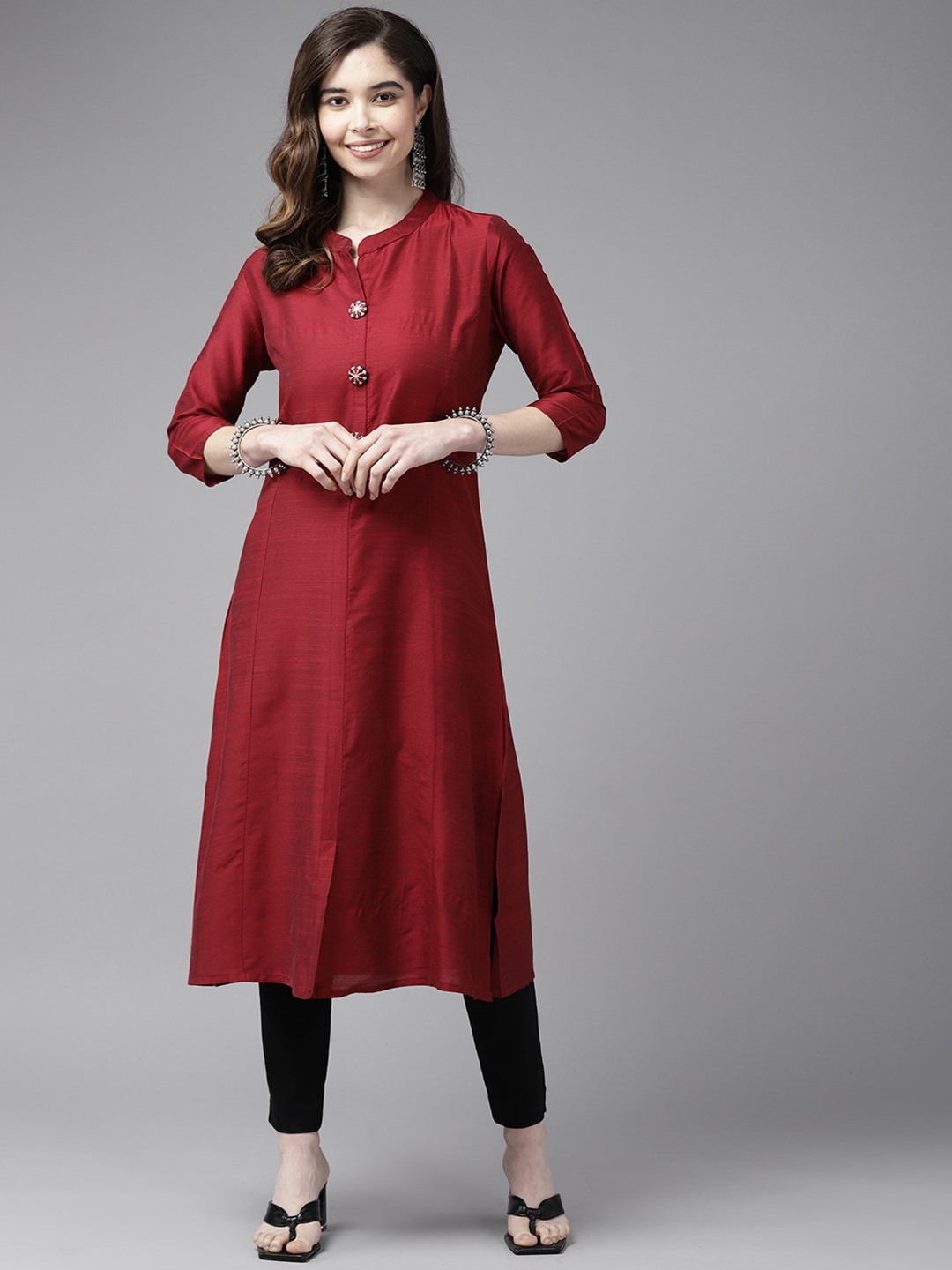 

BAESD Mandarin Collar Straight Cotton Kurta, Maroon