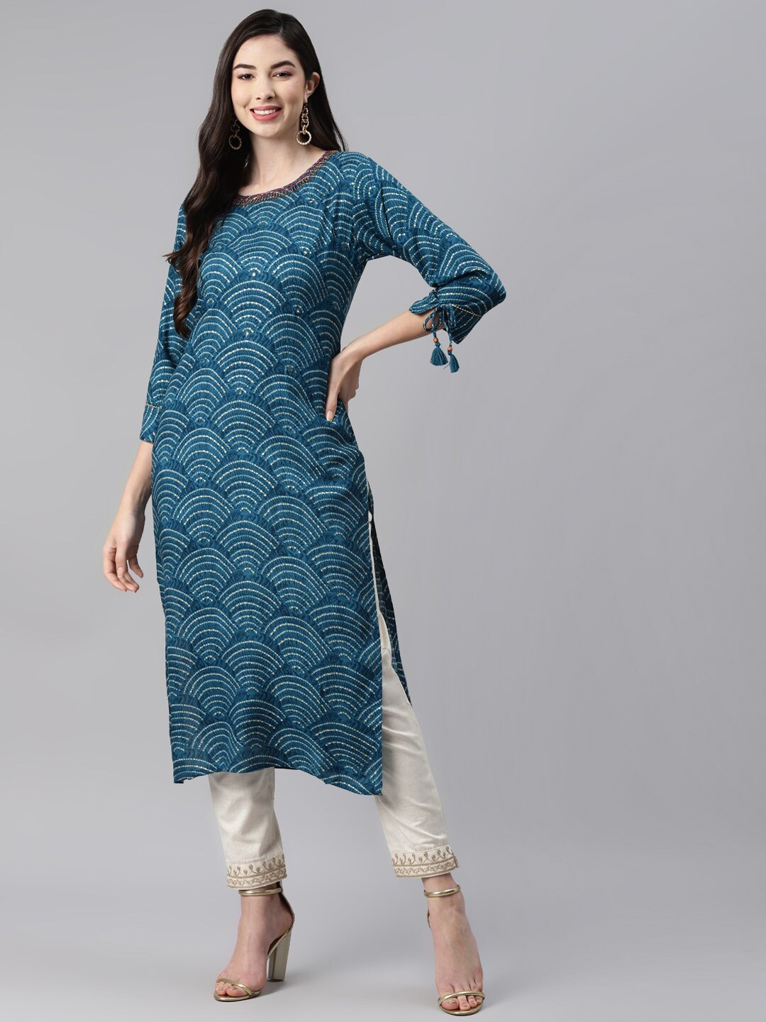 

BAESD Ethnic Motifs Printed Beads detail Mirror Work Cotton Kurta, Navy blue