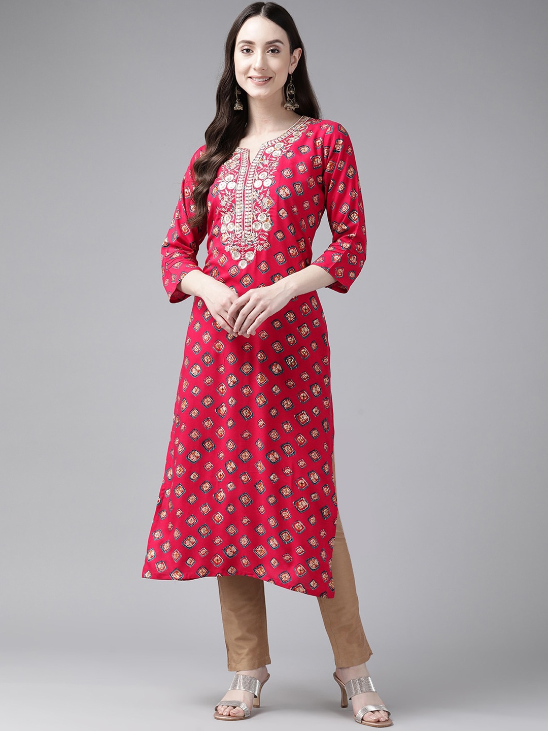 

BAESD Printed Thread Work Cotton Straight Kurta, Pink