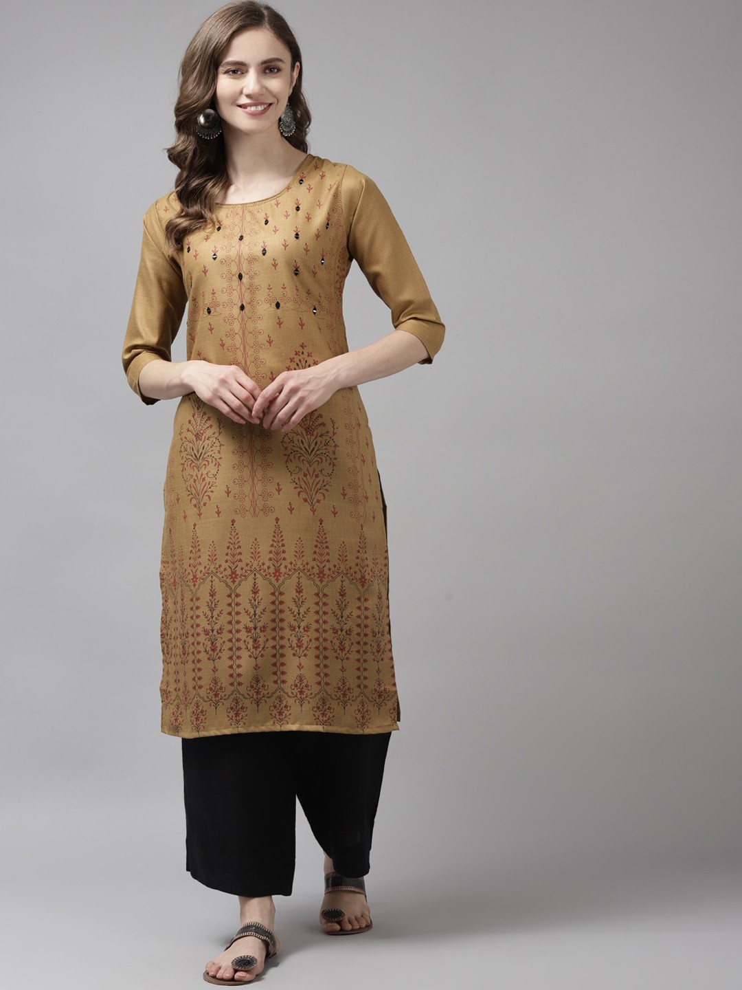 

BAESD Ethnic Motifs Printed Mirror Work Cotton Kurta, Brown