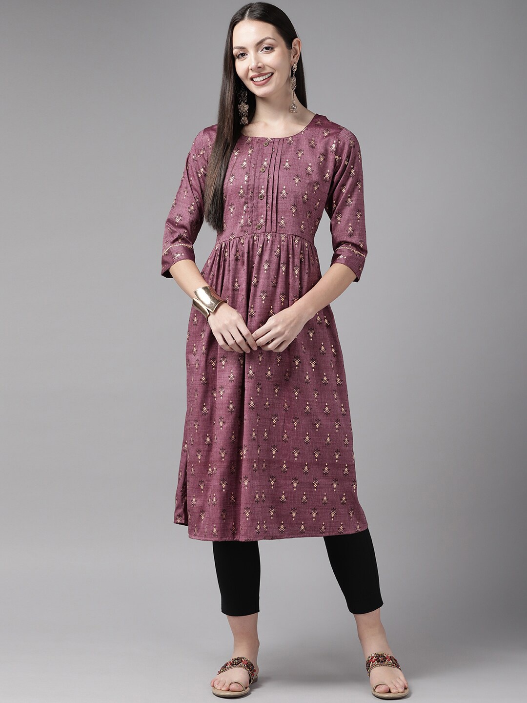 

BAESD Ethnic Motifs Printed A-Line Pleated Cotton Kurta, Purple
