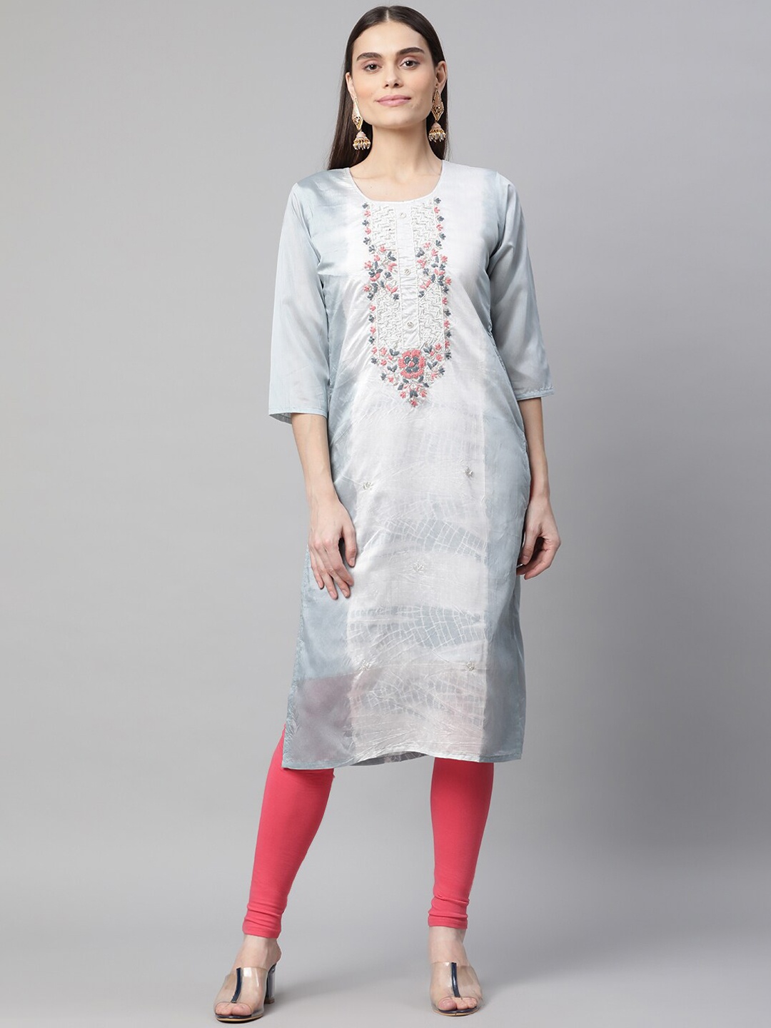 

BAESD Floral Embroidered Beads Detail Cotton Kurta, Blue