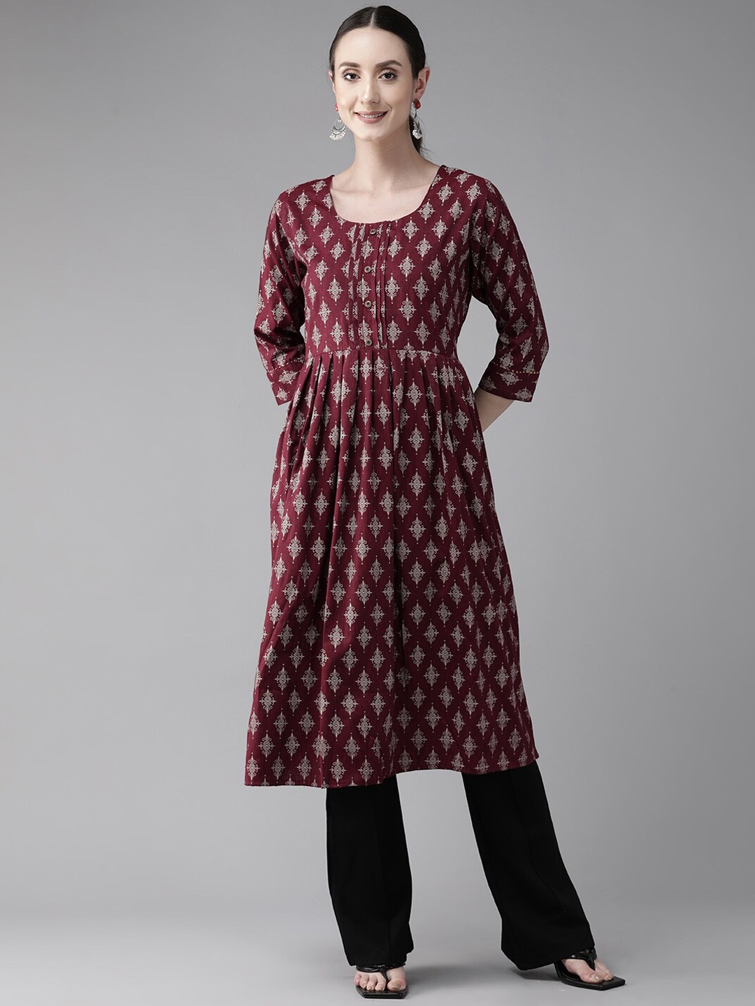 

BAESD Ethnic Motifs Printed A-Line Cotton Kurta, Maroon