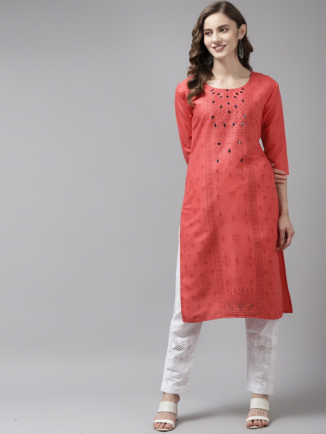 

BAESD Ethnic Motifs Printed Mirror Work Cotton Kurta, Red