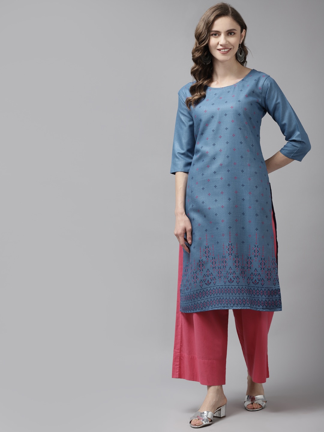 

BAESD Round Neck Ethnic Motifs Printed Straight Cotton Kurta, Blue