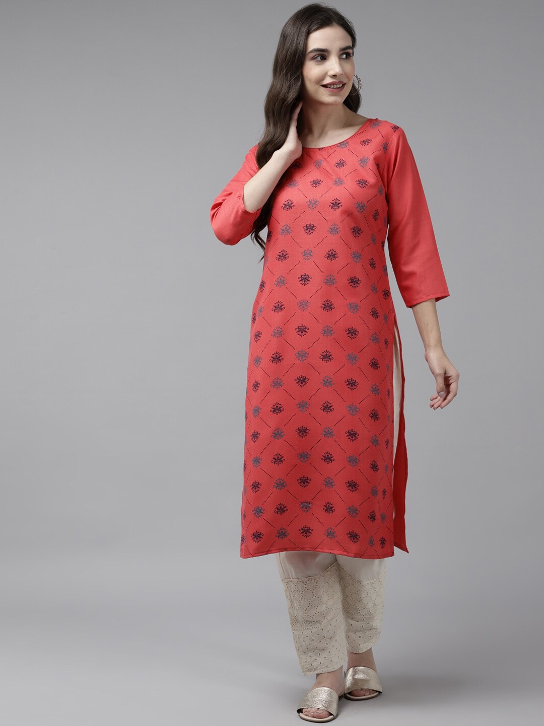 

BAESD Ethnic Motifs Printed Straight Cotton Kurta, Red