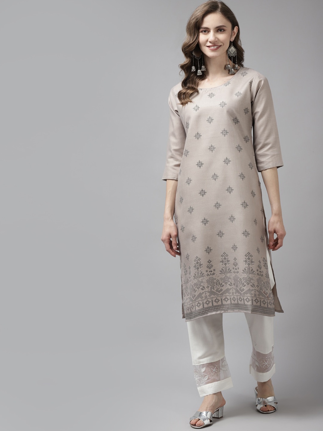 

BAESD Ethnic Motifs Printed Round Neck Cotton Kurta, Grey