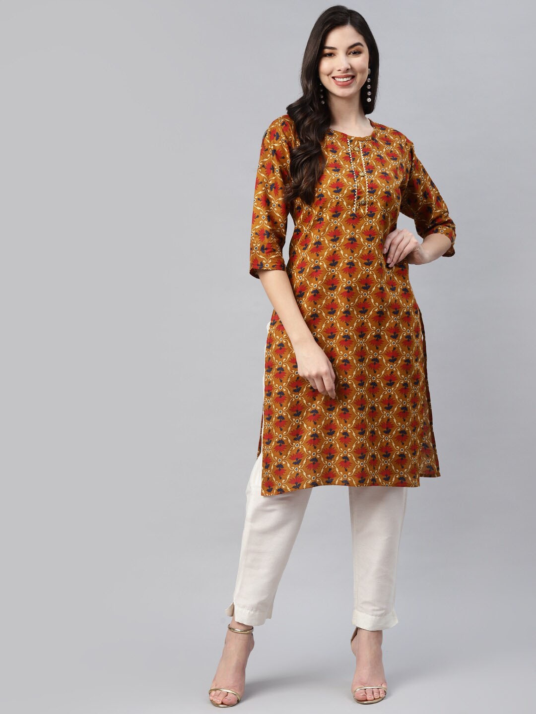 

BAESD Floral Printed Straight Cotton Kurta, Mustard