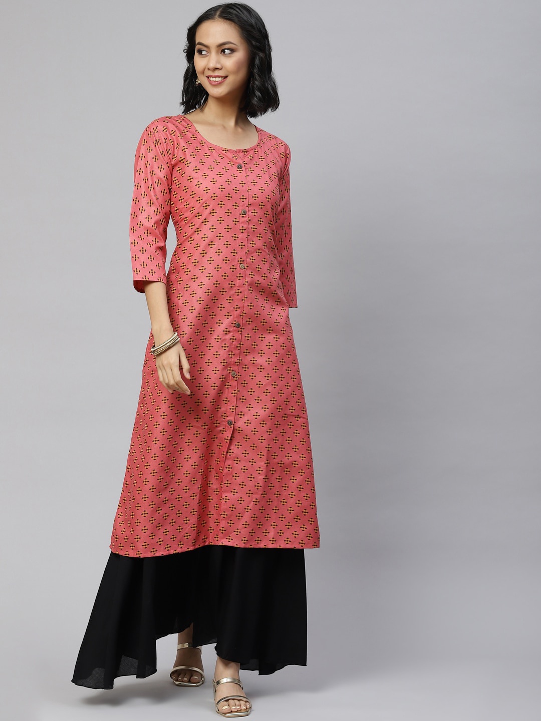 

BAESD Ethnic Motifs Printed Cotton A-Line Kurta, Peach