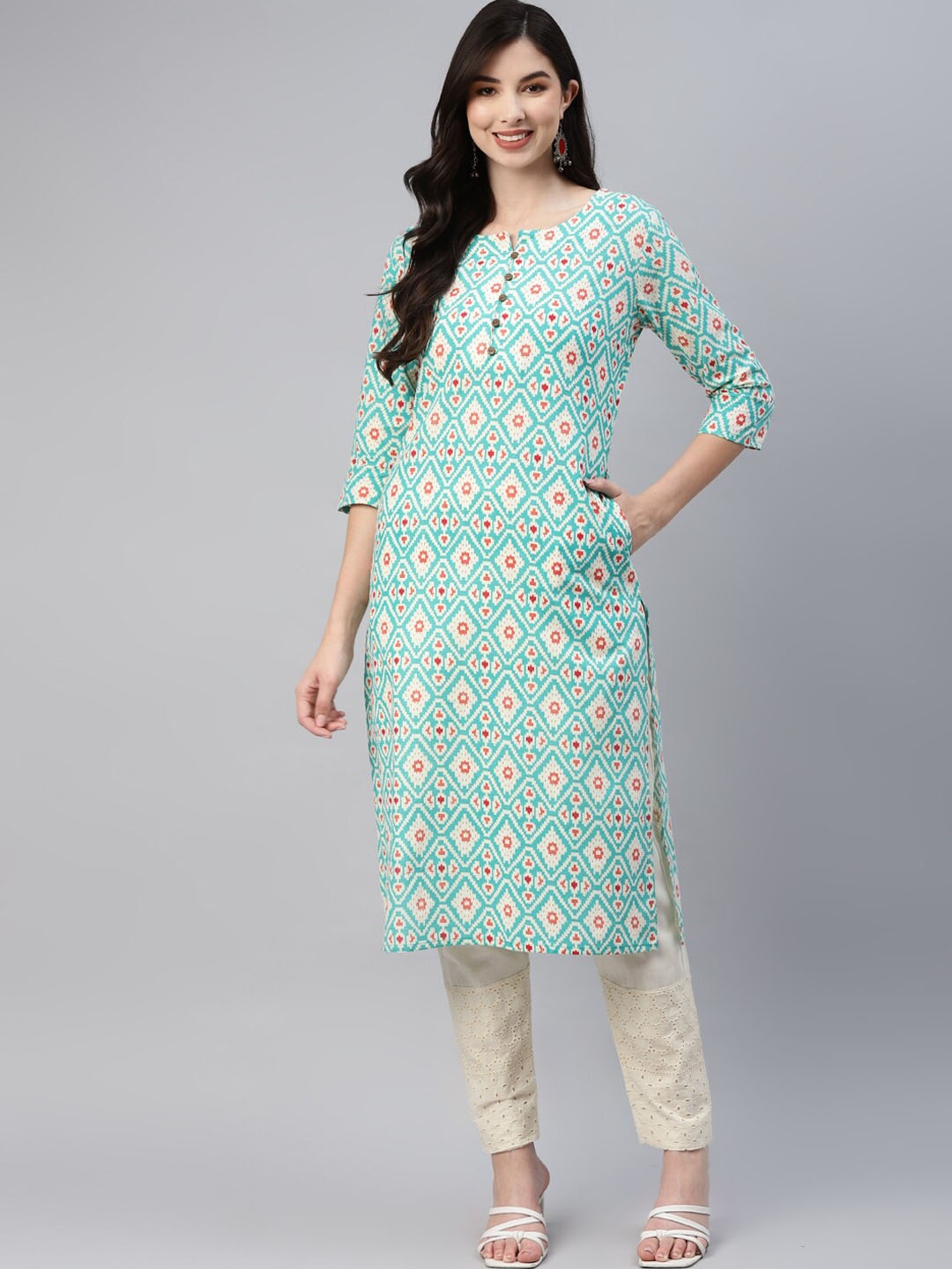

BAESD Ethnic Motifs Printed Round Neck Cotton Kurta, Turquoise blue