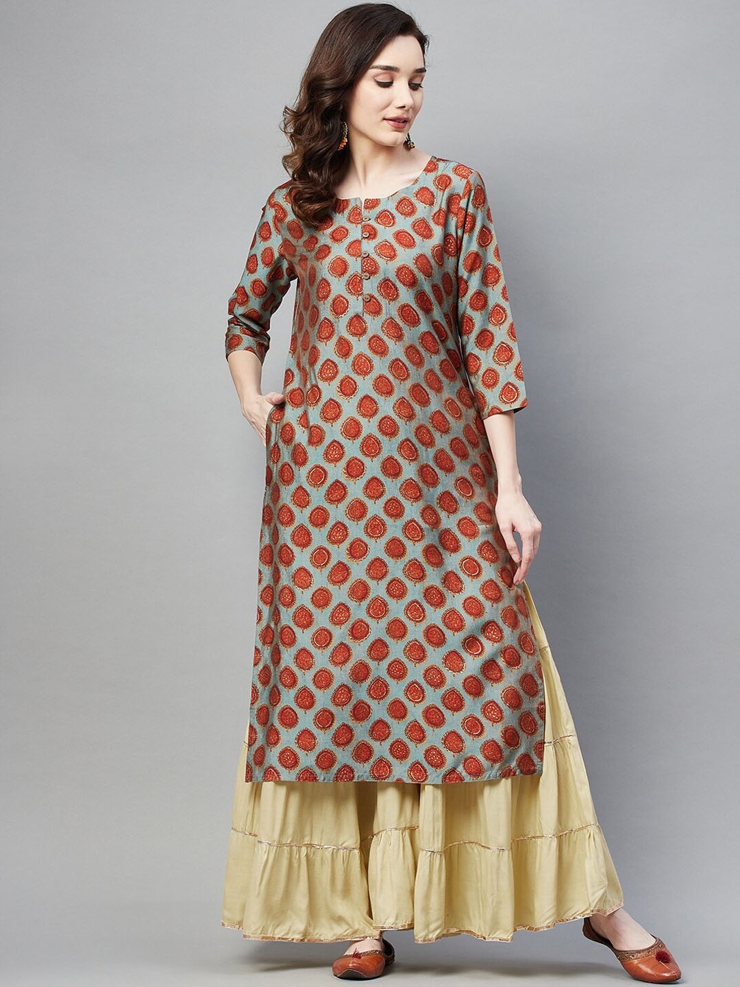 

BAESD Ethnic Motifs Printed A-Line Cotton Kurta, Grey