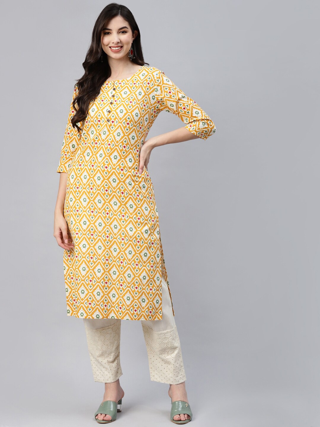 

BAESD Ethnic Motifs Printed Round Neck Cotton Kurta, Yellow