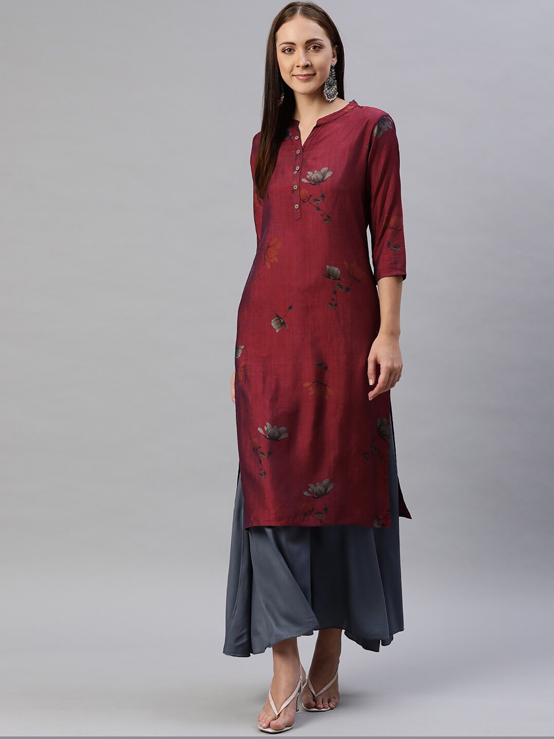 

BAESD Mandarin Collar Floral Printed Kurta, Burgundy
