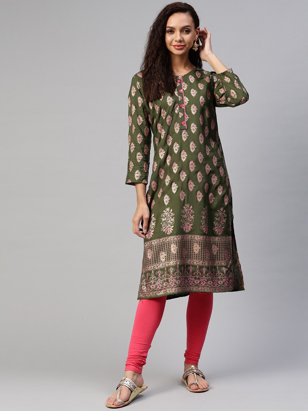 

BAESD Ethnic Motifs Printed Round Neck Cotton Kurta, Green