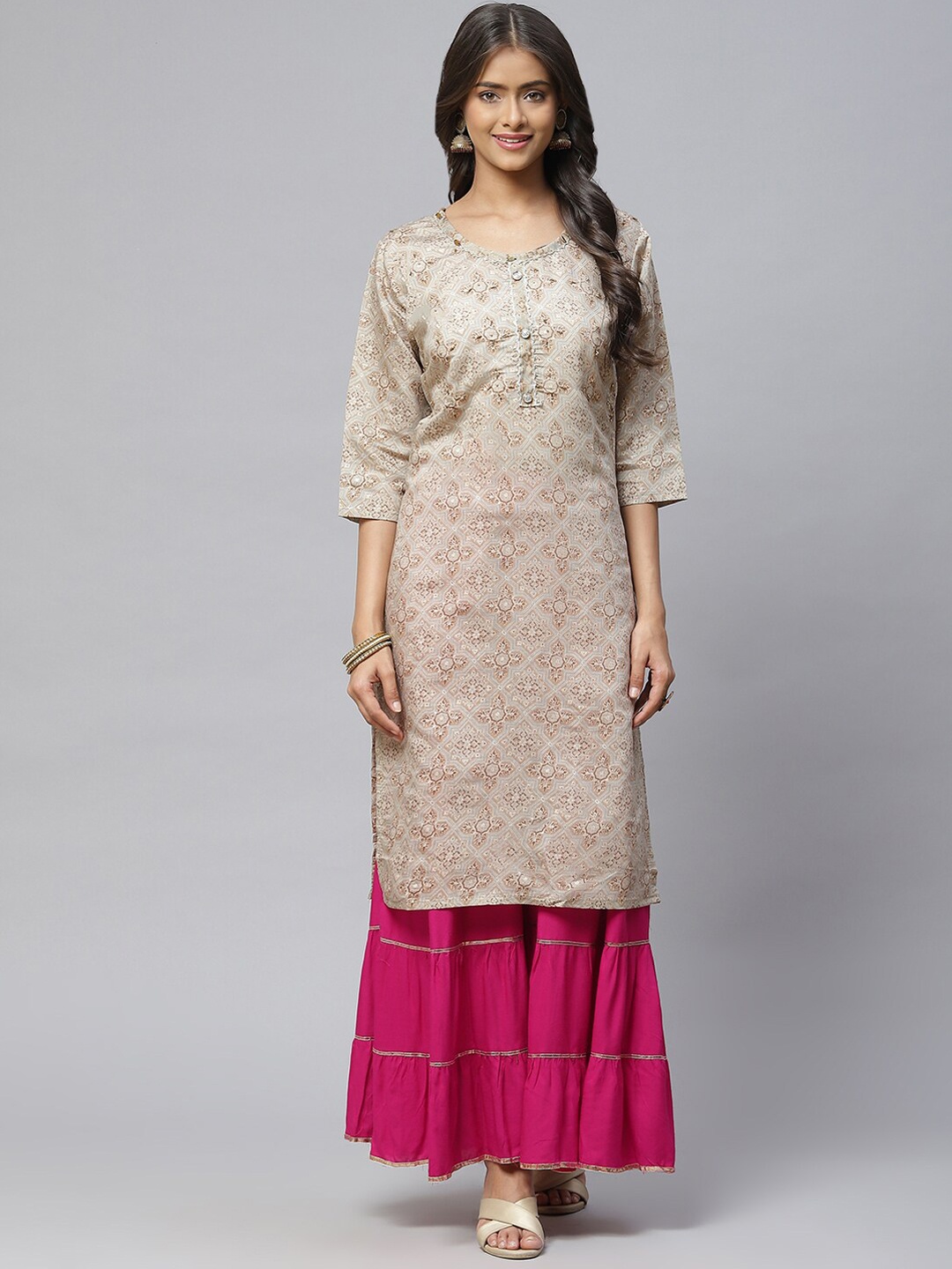 

BAESD Ethnic Motifs Printed Thread Work Kurta, Beige