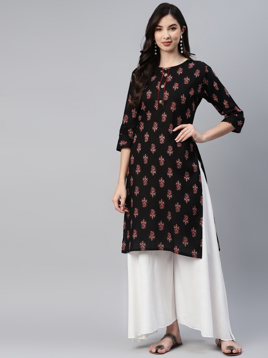 

BAESD Ethnic Motif Printed Cotton Straight Kurta, Black
