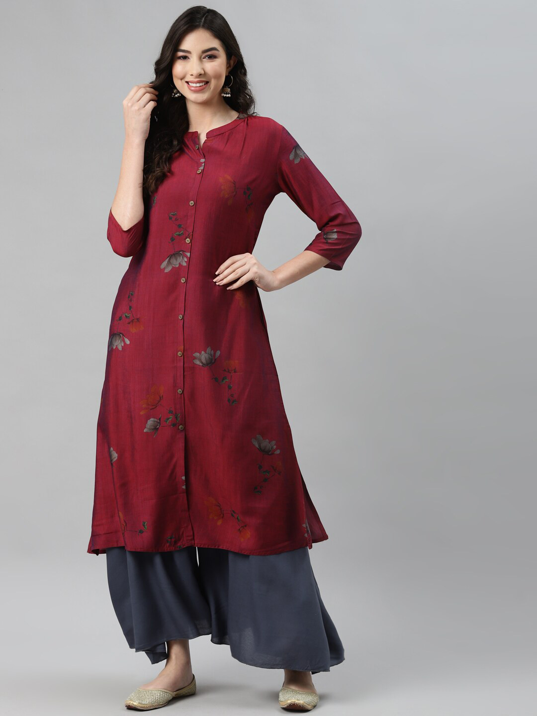 

BAESD Floral Printed Cotton Kurta, Burgundy