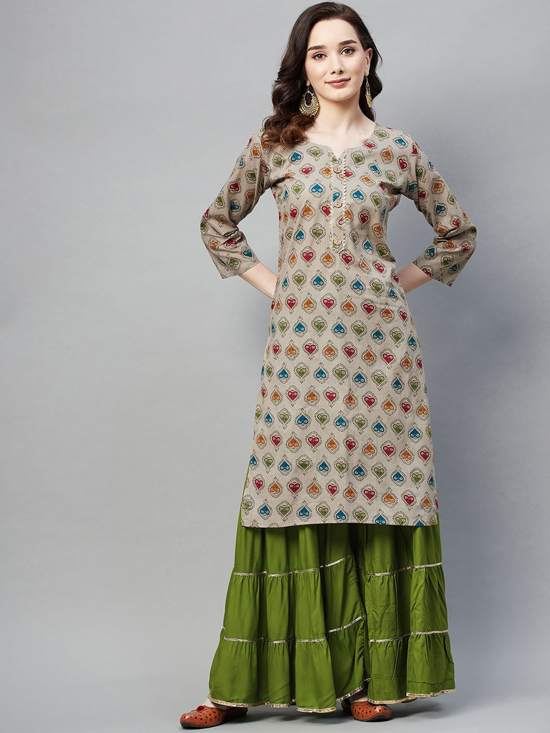 

BAESD Ethnic Motif Printed Gotta Patti Embellished Cotton Straight Kurta, Beige
